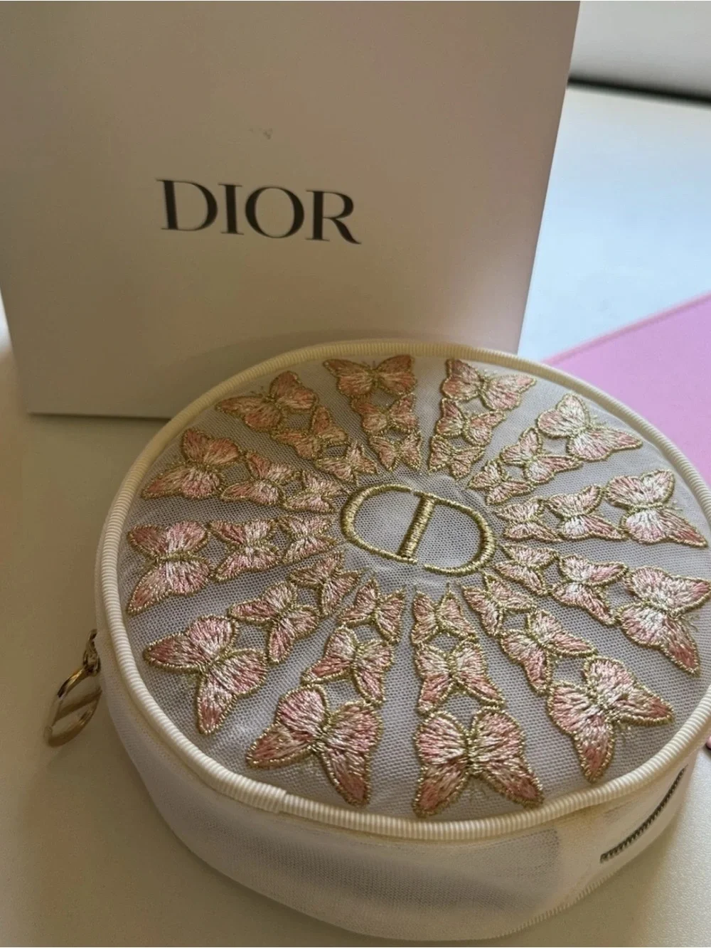 Dior Floral Butterfly Embroidered Mesh Cosmetic Bag Travel Pouch